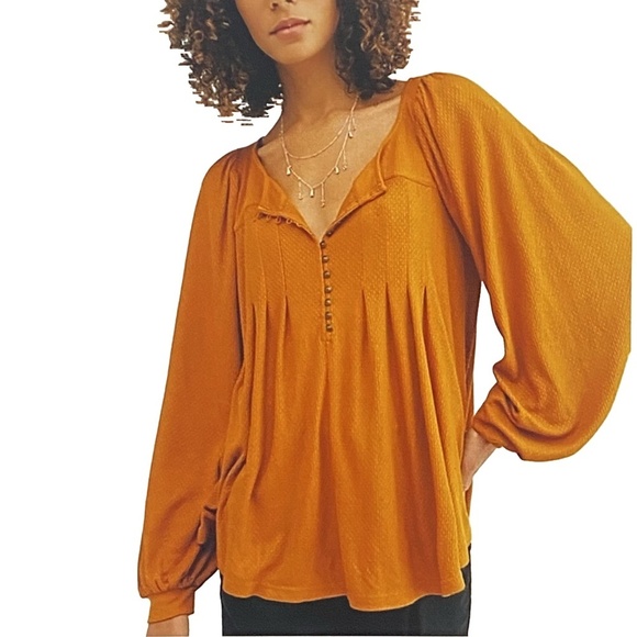 FREE PEOPLE Devin Mustard Textured Knit Henley Bishop Sleeve Boho Peasant Top XS - Picture 2 of 13
